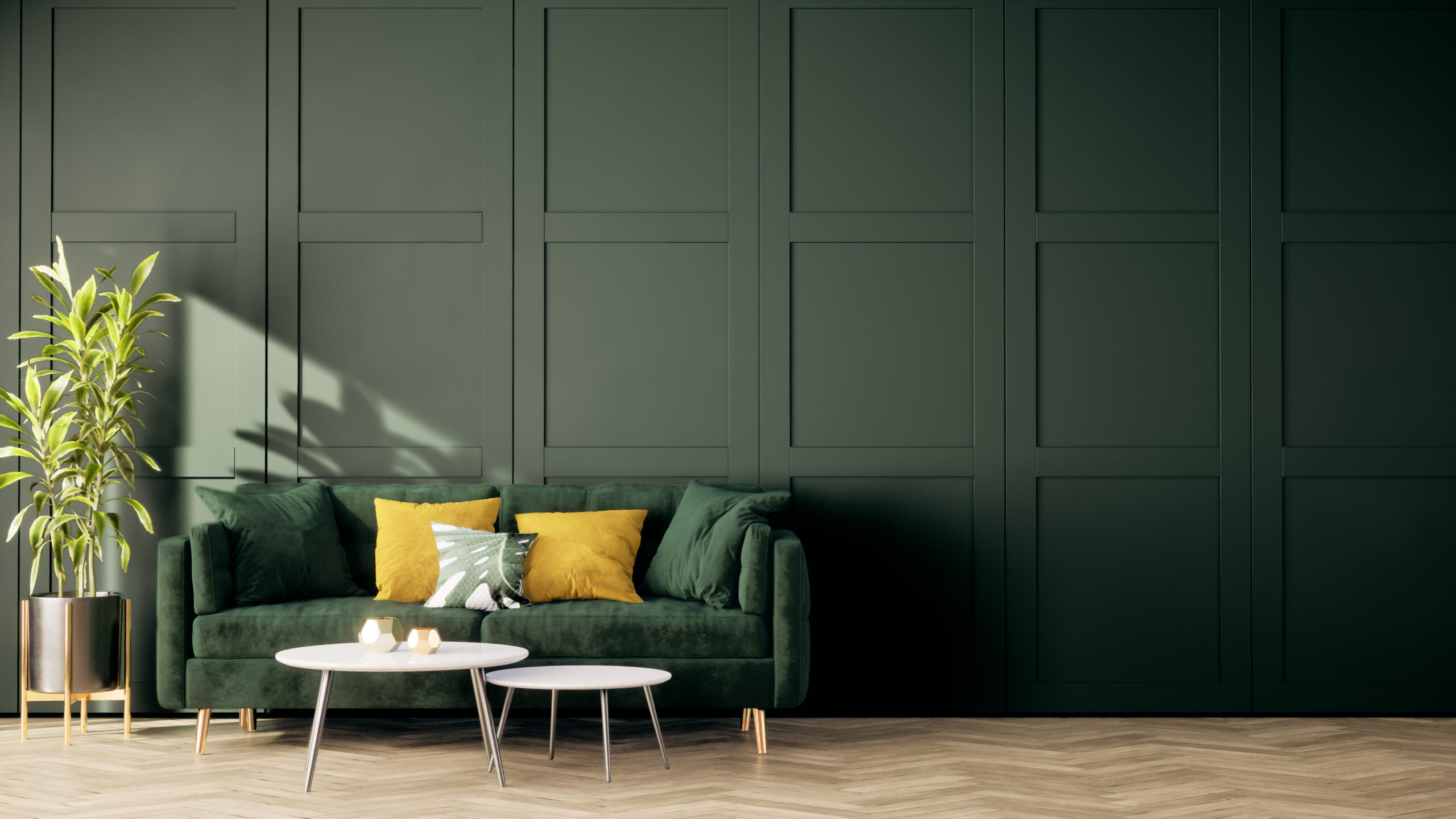 Room Interior design with Green Wall and wooden floor. room mock