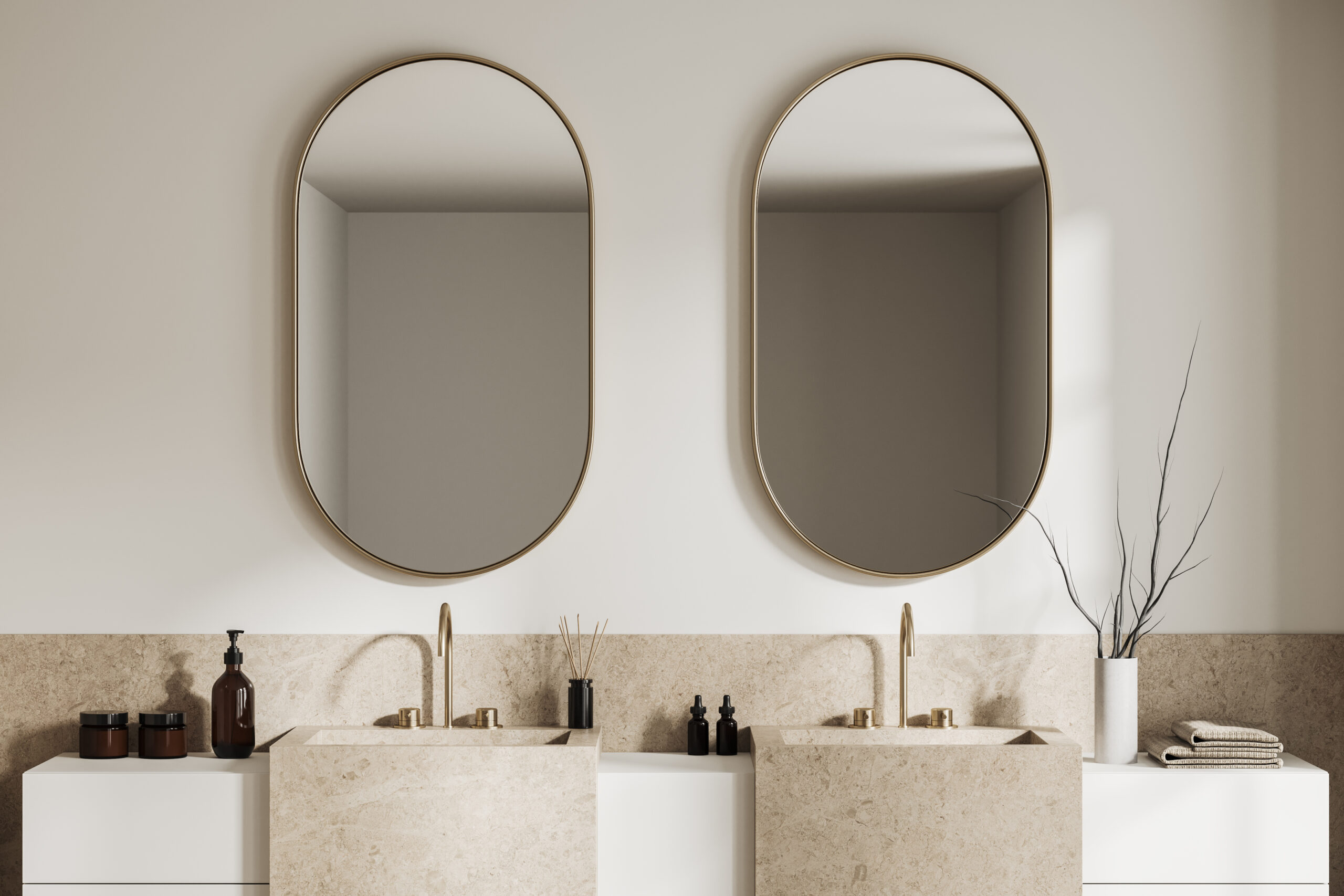 White bathroom interior with double sink, close up