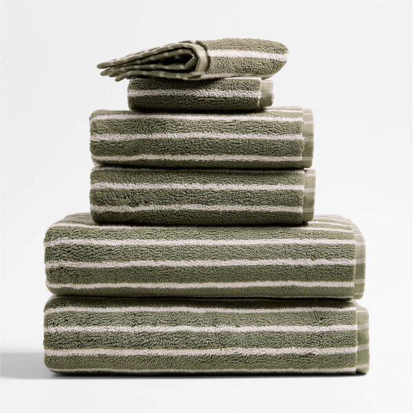 Organic Turkish Cotton Shadow Sage and Pampas Ivory Stripe Bath Towels, Set of 6 - Image 2