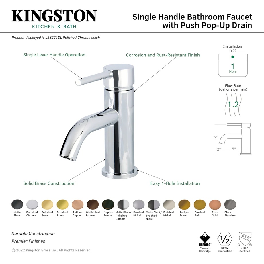 Kingston Sona LS8221DL - Polished Chrome Concord One-Handle 1-Hole Bathroom Faucet with Push Pop-Up Drain - Image 6
