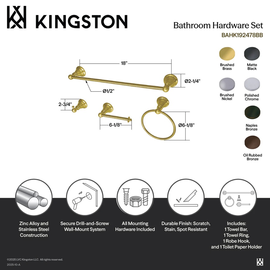 Kingston Heirloom - Brushed Brass American Classic 4-Piece 18-Inch Towel Bar Bathroom Accessory Set, - BAHK192478BB - Image 3