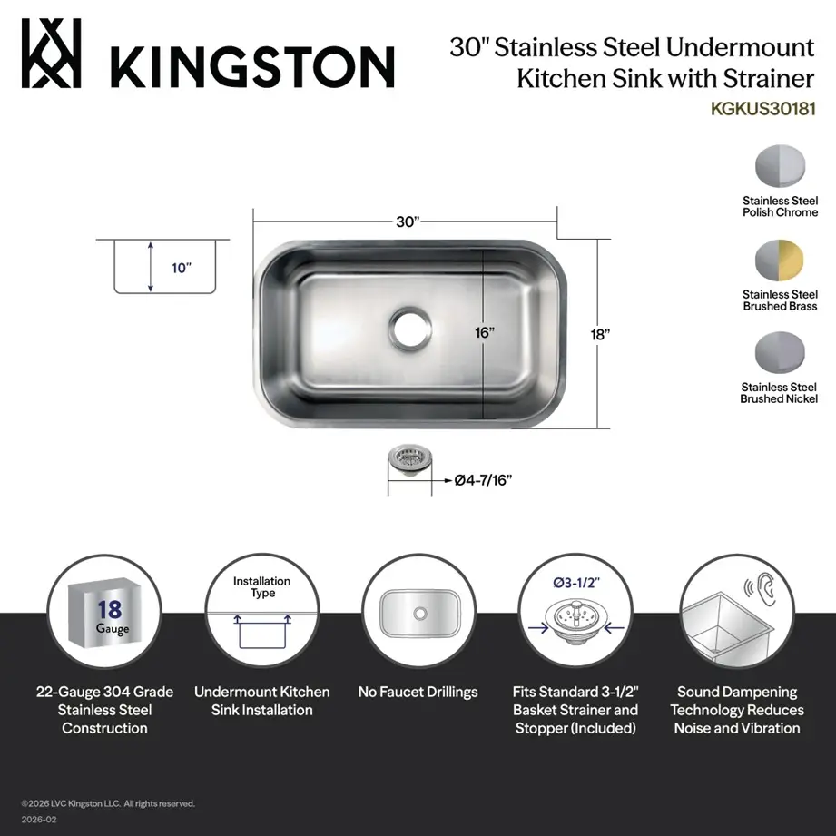 Kingston Tulare KGKUS30188 - Loft 30-Inch Stainless Steel Single Bowl Undermount Kitchen Sink with Strainer, Brushed Stainless - Image 4
