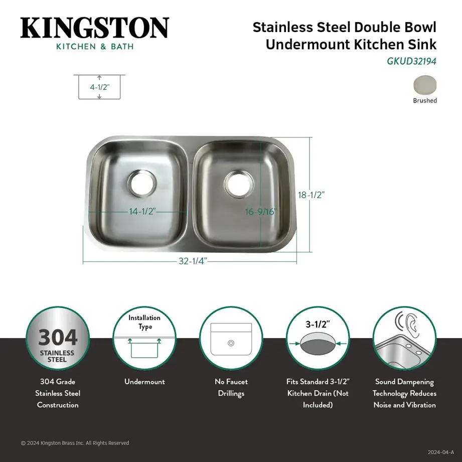 Kingston Loft GKUD32194 32-Inch Stainless Steel Double Bowl Undermount Kitchen Sink - Image 2