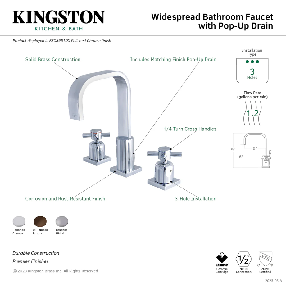 Kingston Sona - Brushed Nickel - Concord Two-Handle 3-Hole Deck Mount Widespread Bathroom Faucet with Pop-Up Drain, FSC8968DX - Image 2