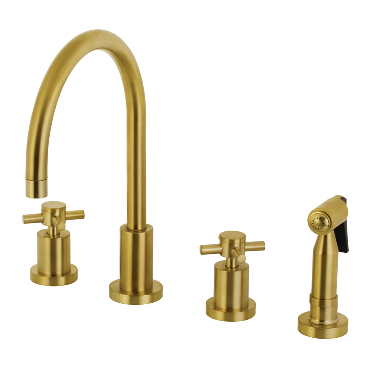 Kingston Sona - Brushed Brass - Concord Double-Handle 4-Hole Widespread Kitchen Faucet with Brass Sprayer, KS8727DXBS