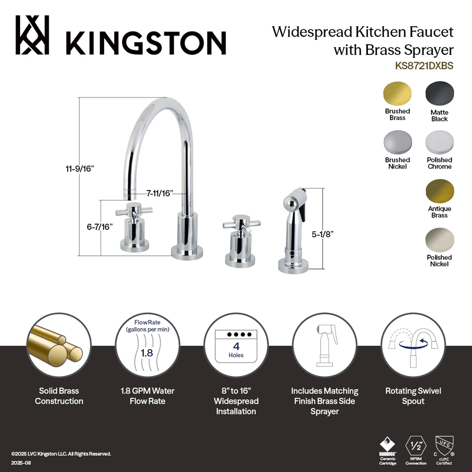 Kingston Sona - Brushed Brass - Concord Double-Handle 4-Hole Widespread Kitchen Faucet with Brass Sprayer, KS8727DXBS - Image 5