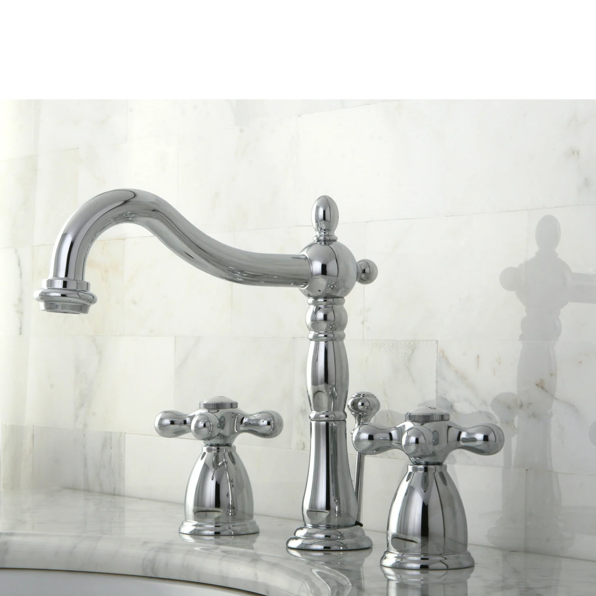 Kingston Heirloom - Polished Chrome - Heritage Two-Handle 3-Hole Deck Mount Widespread Bathroom Faucet with Pop-Up Drain, KB1971AX - Image 3