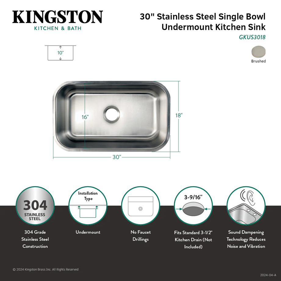 Kingston Loft - Brushed Stainless Steel- 30-Inch Stainless Steel Single Bowl Undermount Kitchen Sink, GKUS3018 - Image 3