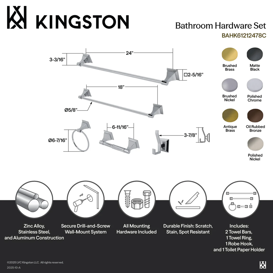 Kingston Tulare - Brushed Nickel Monarch 5-Piece 18-Inch and 24-Inch Towel Bars Bathroom Accessory Set, - BAHK61212478SN - Image 2
