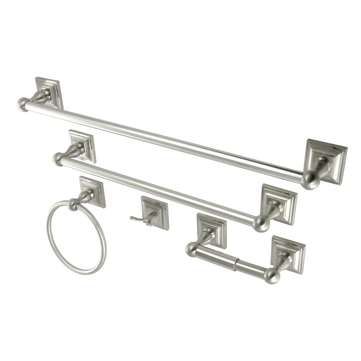 Kingston Tulare - Brushed Nickel Serano 5-Piece 18-Inch and 24-Inch Towel Bars Bathroom Accessory Set, - BAHK3212478SN