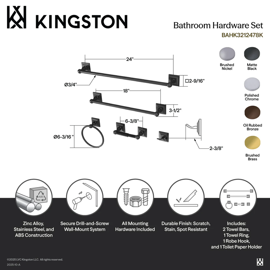 Kingston Tulare - Brushed Nickel Serano 5-Piece 18-Inch and 24-Inch Towel Bars Bathroom Accessory Set, - BAHK3212478SN - Image 2