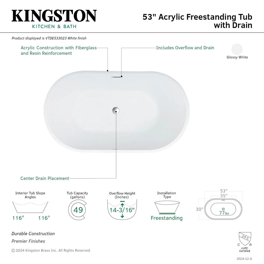Kingston Sona - Aqua Eden 53-Inch Acrylic Oval Double Ended Freestanding Tub with Drain, Glossy White - Image 4