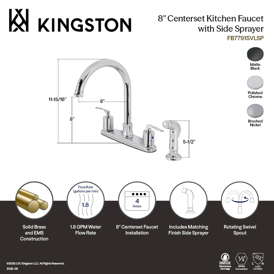 Kingston Tulare FB7791SVLSP - Serena Two-Handle 4-Hole 8" Centerset Kitchen Faucet with Side Sprayer, Polished Chrome - Image 4