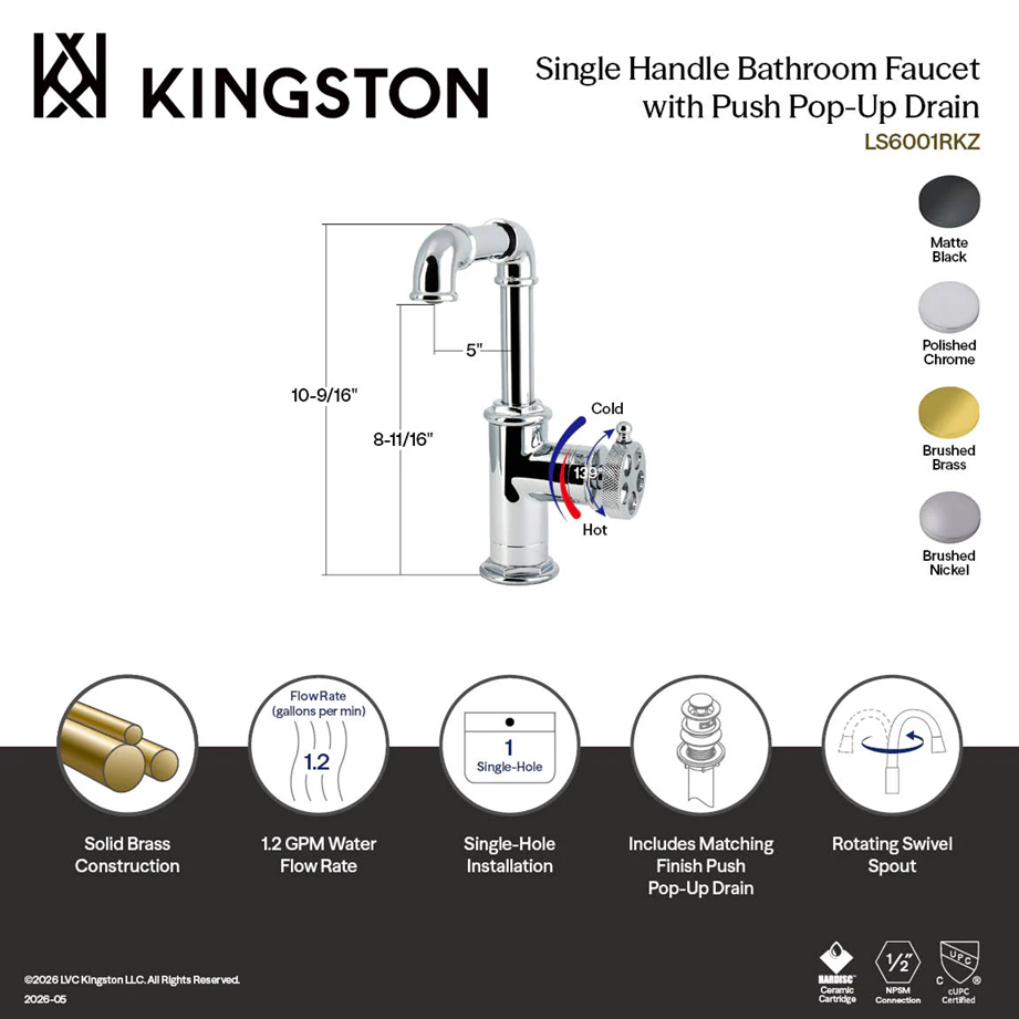 Kingston Wendell - One-Handle 1-Hole Bathroom Faucet with Knurled Handle and Push Pop-Up Drain - Image 5