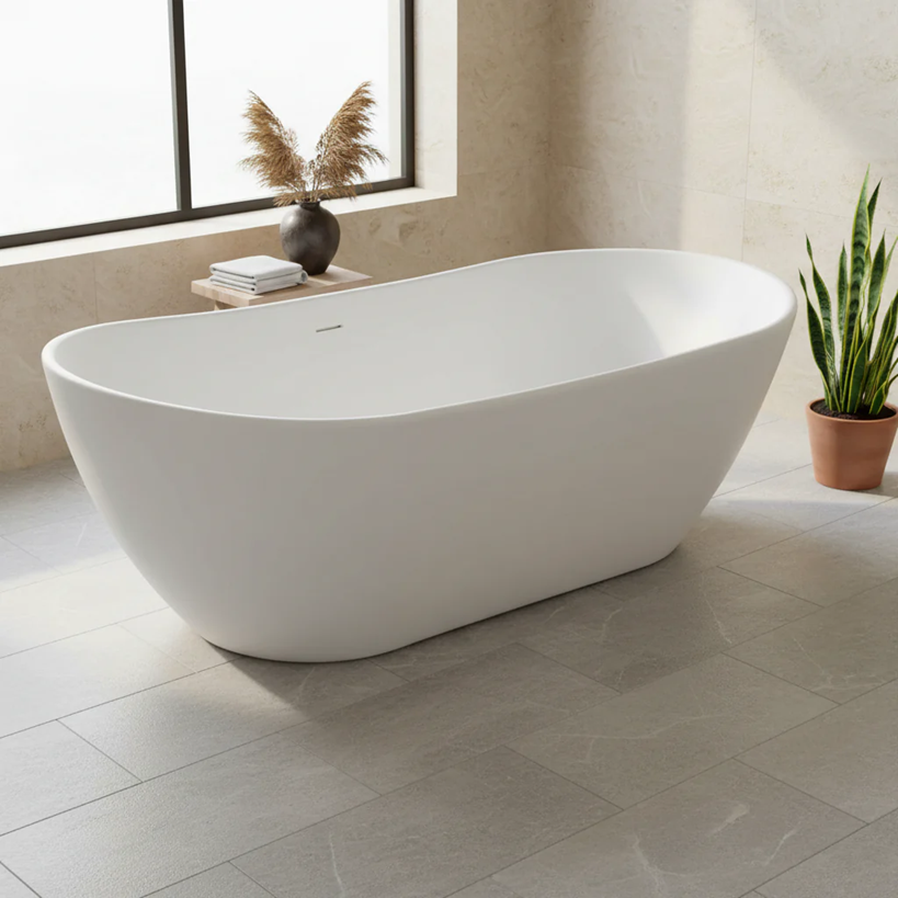 Kingston Sona - Arcticstone 72-Inch Solid Surface Oval Double Slipper Freestanding Tub with Drain, Matte White - Image 4