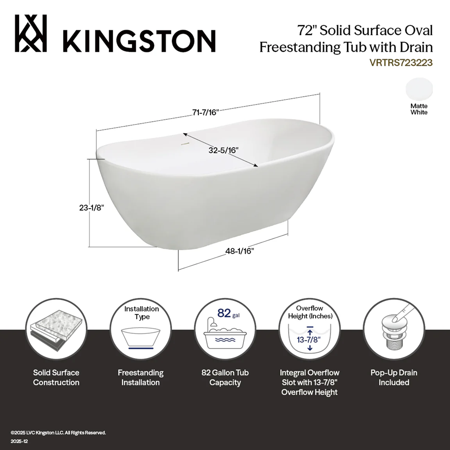 Kingston Sona - Arcticstone 72-Inch Solid Surface Oval Double Slipper Freestanding Tub with Drain, Matte White - Image 7