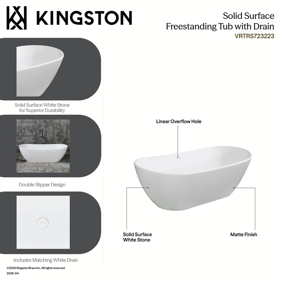 Kingston Sona - Arcticstone 72-Inch Solid Surface Oval Double Slipper Freestanding Tub with Drain, Matte White - Image 6