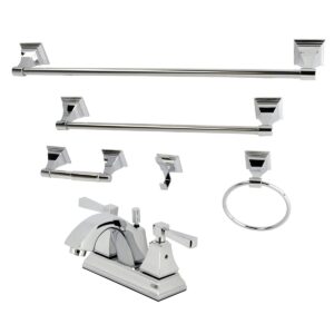 Kingston Concord FSK4641DL Double-Handle 3-Hole Deck Mount 4-Inch Centerset Bathroom Faucet with 5-Piece Bathroom Accessories Kit, Polished Chrome