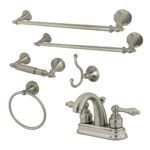 Kingston Heirloom- Brushed Nickel Double-Handle 3-Hole Deck Mount 4-Inch Centerset Bathroom Faucet with 5-Piece Bathroom Accessories Kit