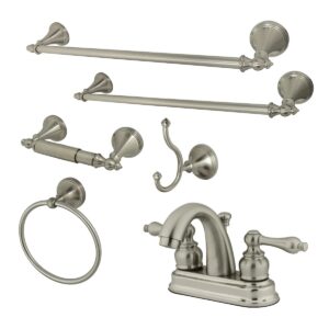 Kingston Heirloom- Brushed Nickel Double-Handle 3-Hole Deck Mount 4-Inch Centerset Bathroom Faucet with 5-Piece Bathroom Accessories Kit