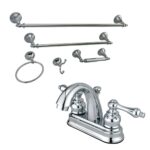 Kingston Heirloom Double-Handle 3-Hole Deck Mount 4-Inch Centerset Bathroom Faucet with 5-Piece Bathroom Accessories Kit, Polished Chrome