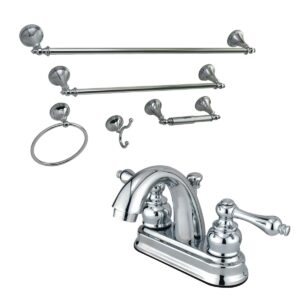 Kingston Heirloom Double-Handle 3-Hole Deck Mount 4-Inch Centerset Bathroom Faucet with 5-Piece Bathroom Accessories Kit, Polished Chrome