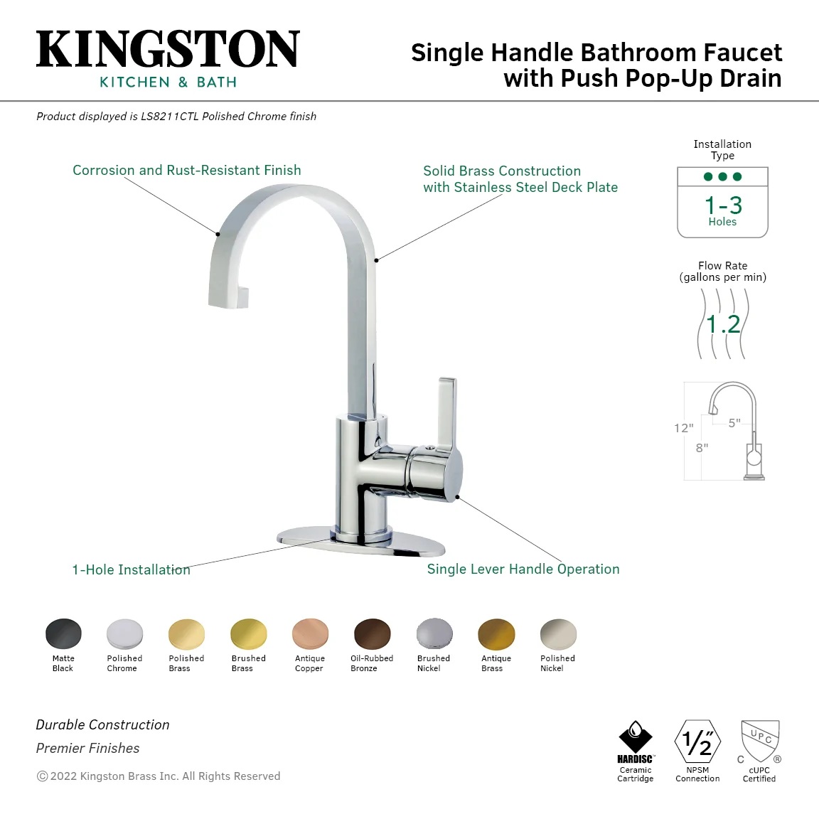 Kingston Sona - Polished Brass - Continental One-Handle 1-Hole Bathroom Faucet with Deck Plate and Push Pop-Up Drain Kingston Sona - Polished Brass - Continental One-Handle 1-Hole Bathroom Faucet with Deck Plate and Push Pop-Up Drain - Image 3