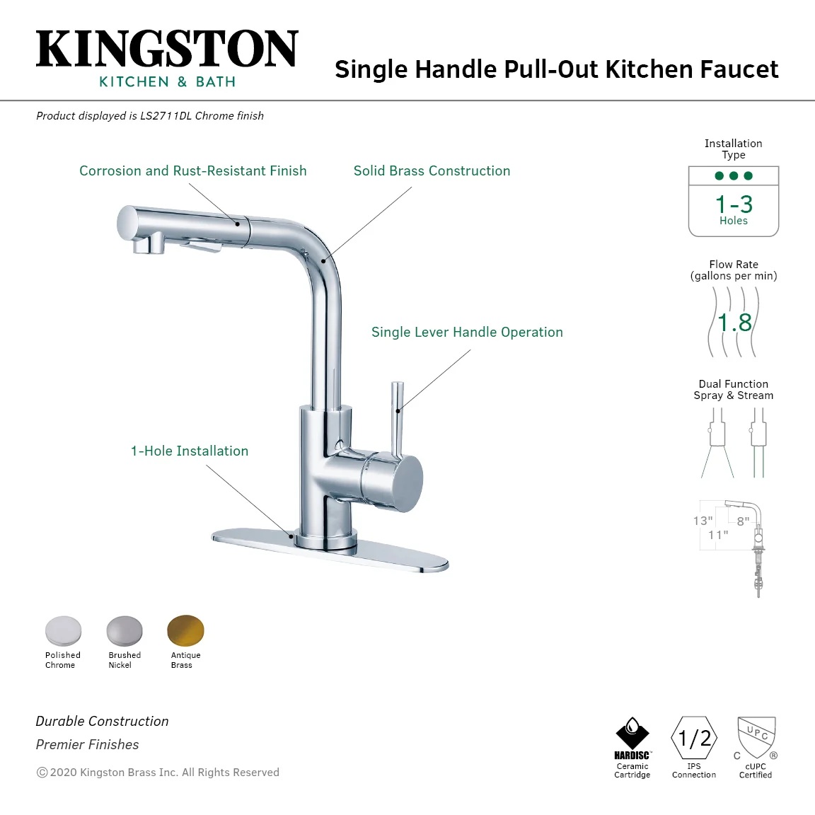 Kingston Sona -Brush Nickel Concord Single-Handle 1-Hole Deck Mount Pull-Out Sprayer Kitchen Faucet, Brushed Nickel Kingston Sona -Brush Nickel Concord Single-Handle 1-Hole Deck Mount Pull-Out Sprayer Kitchen Faucet, Brushed Nickel - Image 4